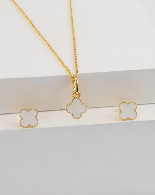 Conjunto Clover Blanco 1 Cm - dije y aretes — Oro Laminado